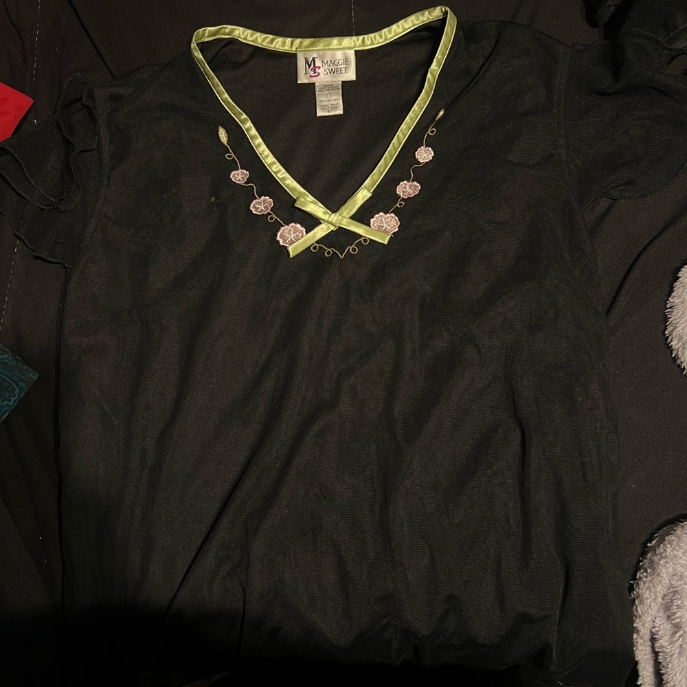 Chic Black Blouse with Green Accents